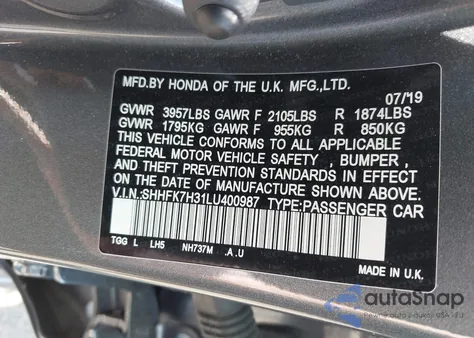 2020 Honda Civic Lx из США, поврежденный, VIN SHHFK7H31LU400987